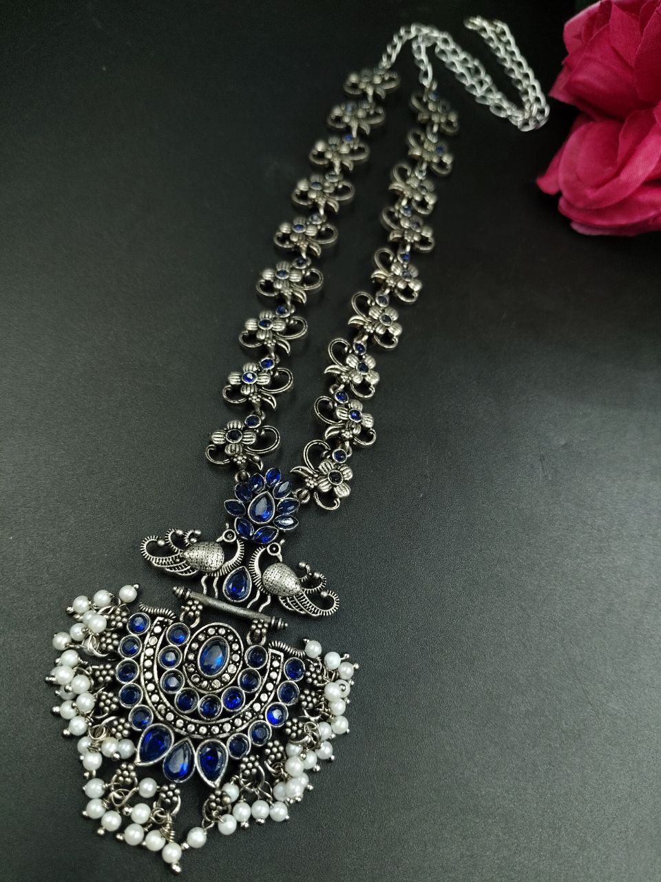 Beautiful Stone & Pearl Work Peacock Necklace | Silver Plated Oxidized Party Wear Jewelry 2 Beautiful silver-plated oxidized peacock necklace with stone and pearl work for party wear.