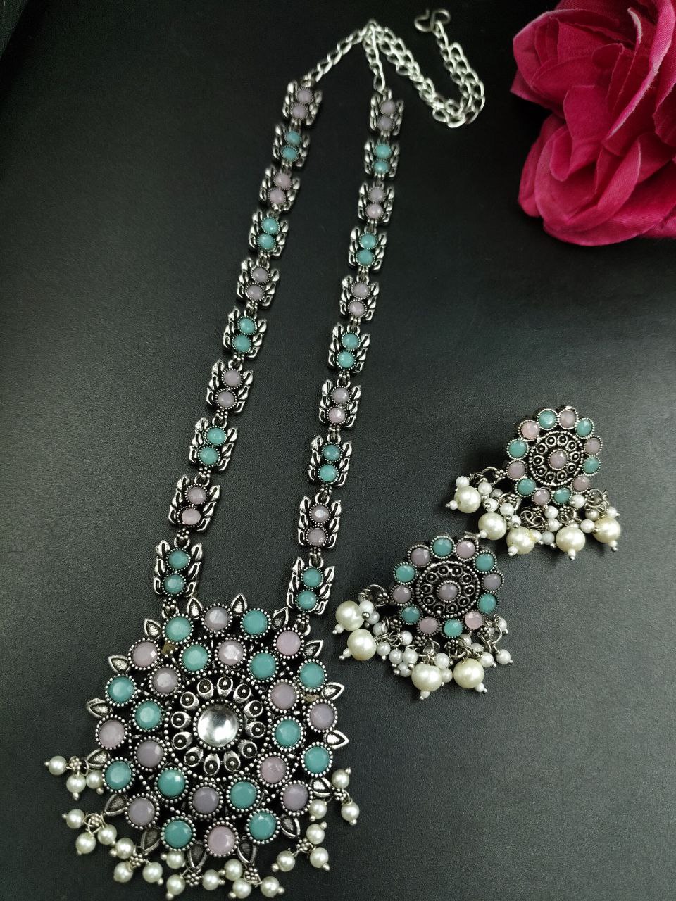 Oxidized Stone & Pearl Work Traditional Necklace Set | Elegant Best Party Wear Jewelry for Women 7 Oxidized stone and pearl work traditional necklace set with matching earrings for women.