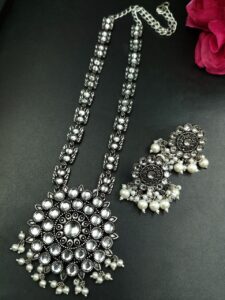 Oxidized Stone & Pearl Work Traditional Necklace Set | Elegant Best Party Wear Jewelry for Women - color: "White"