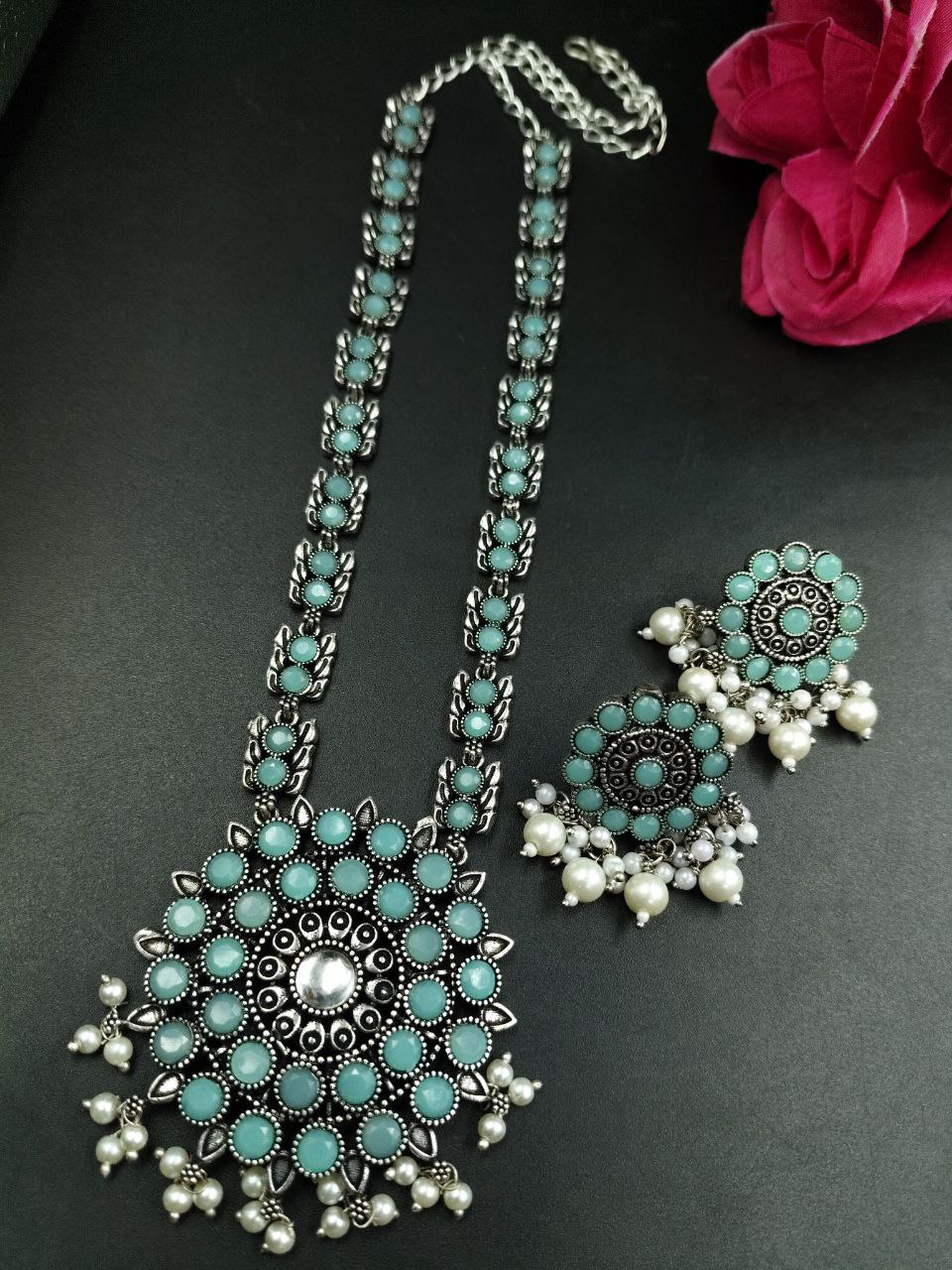 Oxidized Stone & Pearl Work Traditional Necklace Set | Elegant Best Party Wear Jewelry for Women 5 Oxidized stone and pearl work traditional necklace set with matching earrings for women.