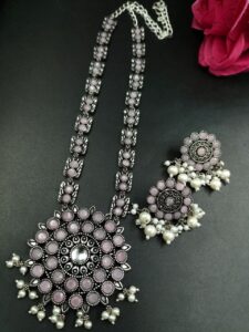 Oxidized Stone & Pearl Work Traditional Necklace Set | Elegant Best Party Wear Jewelry for Women - color: "Baby Pink"