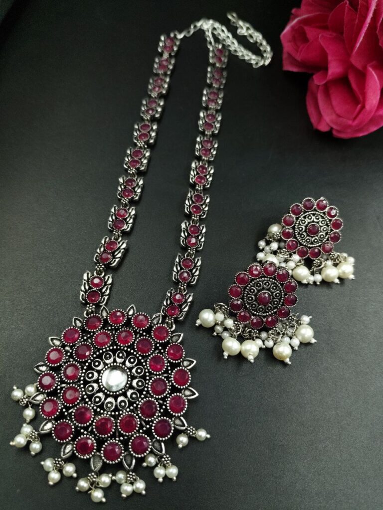 Oxidized Stone & Pearl Work Traditional Necklace Set | Elegant Best Party Wear Jewelry for Women