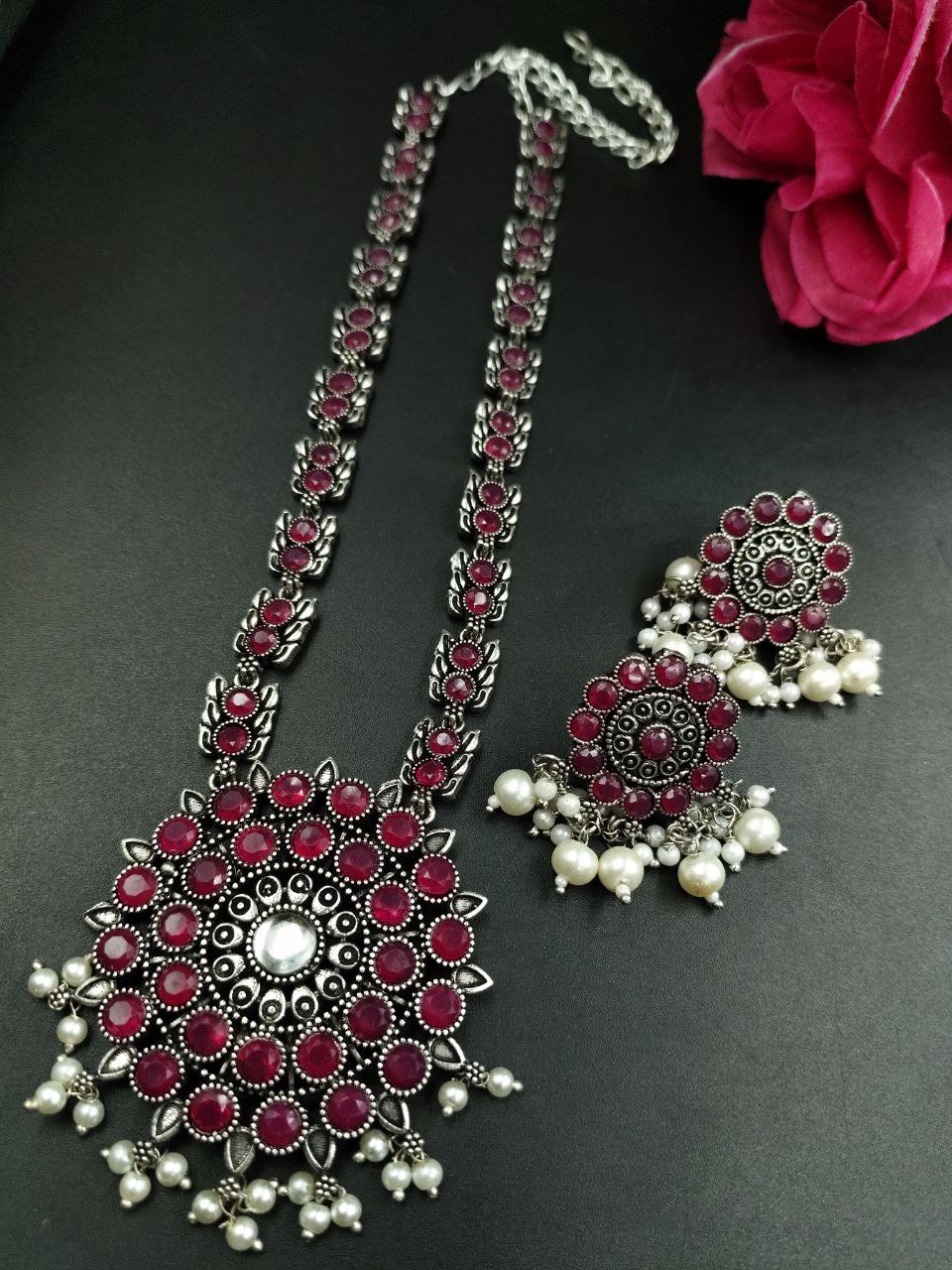 Oxidized Stone & Pearl Work Traditional Necklace Set | Elegant Best Party Wear Jewelry for Women 1 Oxidized stone and pearl work traditional necklace set with matching earrings for women.