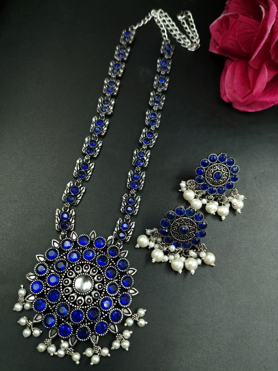 Oxidized Stone & Pearl Work Traditional Necklace Set | Elegant Best Party Wear Jewelry for Women 3 Oxidized stone and pearl work traditional necklace set with matching earrings for women.