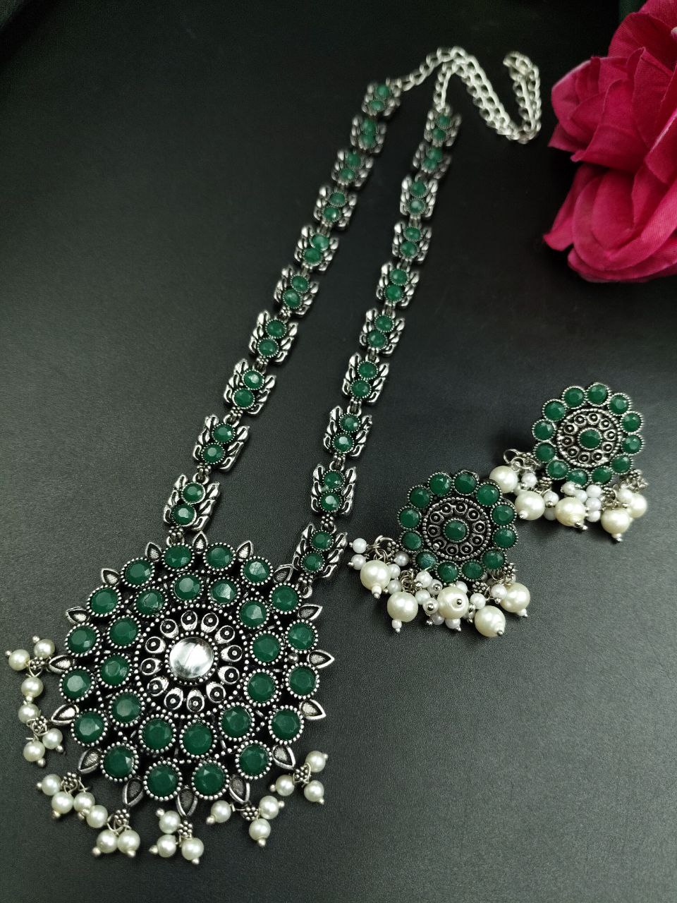 Oxidized Stone & Pearl Work Traditional Necklace Set | Elegant Best Party Wear Jewelry for Women 2 Oxidized stone and pearl work traditional necklace set with matching earrings for women.