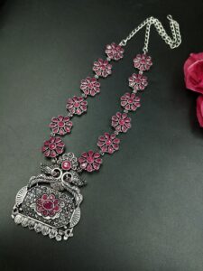 Oxidized Peacock Necklace | Silver Replica Flower Design Best Jewelry for Weddings and Parties - color: "Red"