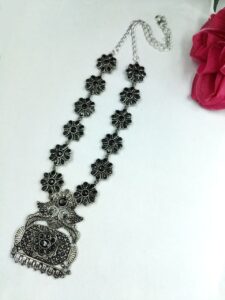 Oxidized Peacock Necklace | Silver Replica Flower Design Best Jewelry for Weddings and Parties - color: "Black"