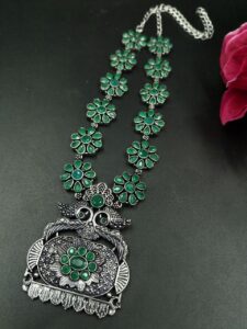Oxidized Peacock Necklace | Silver Replica Flower Design Best Jewelry for Weddings and Parties - color: "Green"