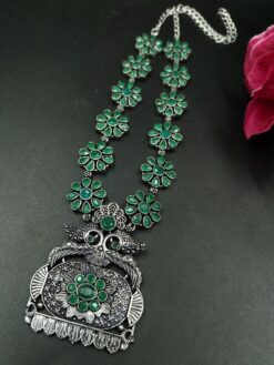 Oxidized peacock necklace with silver replica flower design, ideal wedding and party jewelry for women.