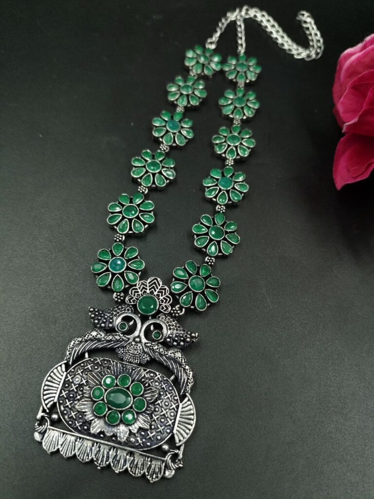 Oxidized Peacock Necklace | Silver Replica Flower Design Best Jewelry for Weddings and Parties