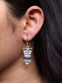 German Silver Owl Hook Earrings with Stone Work