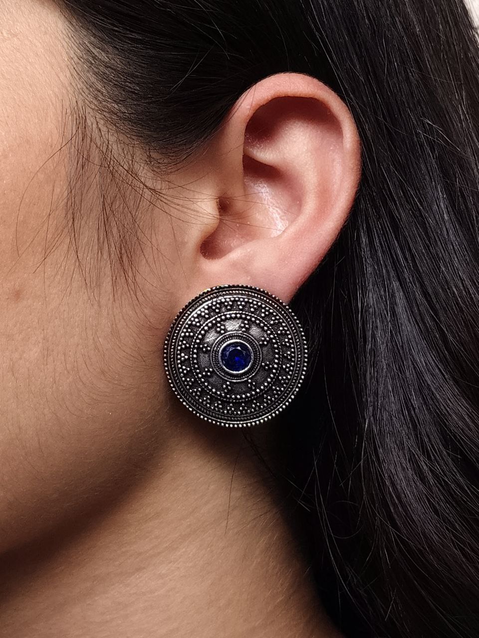 Unique Round Stud Earrings | Ethnic Silver Replica Stone Oxi Jewelry 1 Unique Silver Replica Stone Round Stud Earrings