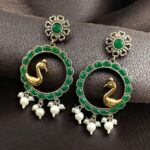 Bulk 70 Traditional Two-Tone Bird Earrings | Circle Dangler Ethnic Jewelry with Stone & Pearl Work Perfect Gift For Her - "Green"