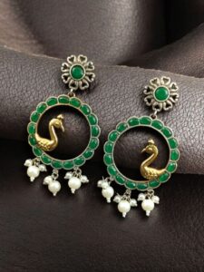 Traditional Two-Tone Bird Earrings | Circle Dangler Ethnic Jewelry with Stone & Pearl Work Perfect Gift For Her - color: "Green"