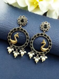 Traditional Two-Tone Bird Earrings | Circle Dangler Ethnic Jewelry with Stone & Pearl Work Perfect Gift For Her - color: "Black"
