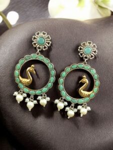 Traditional Two-Tone Bird Earrings | Circle Dangler Ethnic Jewelry with Stone & Pearl Work Perfect Gift For Her - color: "Mint"