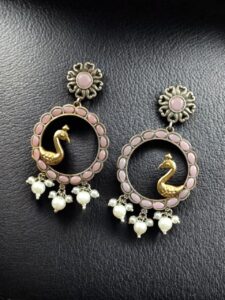 Traditional Two-Tone Bird Earrings | Circle Dangler Ethnic Jewelry with Stone & Pearl Work Perfect Gift For Her - color: "Baby Pink"