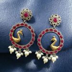 Bulk 64 Traditional Two-Tone Bird Earrings | Circle Dangler Ethnic Jewelry with Stone & Pearl Work Perfect Gift For Her - "Red"