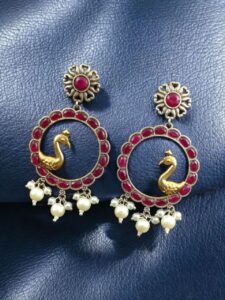Traditional Two-Tone Bird Earrings | Circle Dangler Ethnic Jewelry with Stone & Pearl Work Perfect Gift For Her - color: "Red"