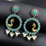 Bulk 68 Traditional Two-Tone Bird Earrings | Circle Dangler Ethnic Jewelry with Stone & Pearl Work Perfect Gift For Her - "Aqua"