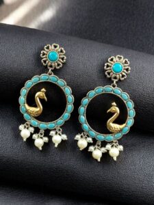 Traditional Two-Tone Bird Earrings | Circle Dangler Ethnic Jewelry with Stone & Pearl Work Perfect Gift For Her - color: "Aqua"