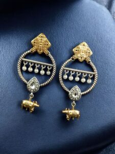 Ethnic Nandi Dangler Earrings | Two-Tone Circle Design with Stone & Pearl Work Unique Jewelry - color: "White"