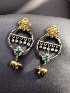 Ethnic Nandi Dangler Earrings | Two-Tone Circle Design with Stone & Pearl Work Unique Jewelry - color: "Green"