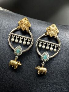 Ethnic Nandi Dangler Earrings | Two-Tone Circle Design with Stone & Pearl Work Unique Jewelry - color: "Mint"