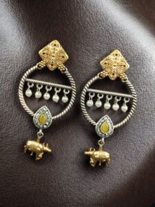Ethnic Nandi Dangler Earrings | Two-Tone Circle Design with Stone & Pearl Work Unique Jewelry - color: "Yellow"