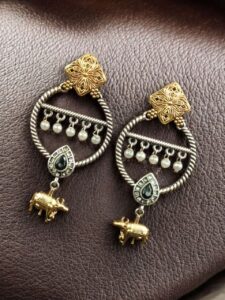 Ethnic Nandi Dangler Earrings | Two-Tone Circle Design with Stone & Pearl Work Unique Jewelry - color: "Black"