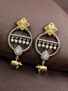 Ethnic Nandi Dangler Earrings | Two-Tone Circle Design with Stone & Pearl Work Unique Jewelry - color: "Baby Pink"