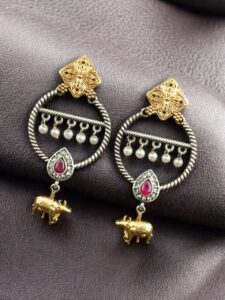 Ethnic Nandi Dangler Earrings | Two-Tone Circle Design with Stone & Pearl Work Unique Jewelry - color: "Red"