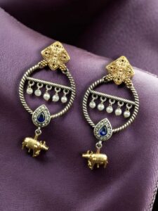 Ethnic Nandi Dangler Earrings | Two-Tone Circle Design with Stone & Pearl Work Unique Jewelry - color: "Blue"