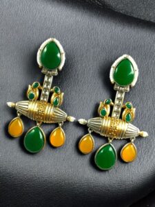 Designer Two-Tone Dangler Earrings | Monalisa Stone Lightweight Long Pearl Work Beautiful Jewelry - color: "Green-Yellow"