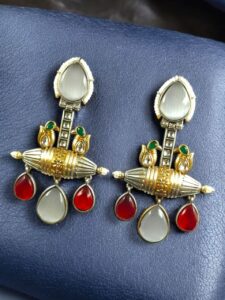 Designer Two-Tone Dangler Earrings | Monalisa Stone Lightweight Long Pearl Work Beautiful Jewelry - color: "Grey-Red"