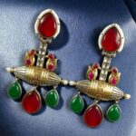 Bulk 28 Designer Two-Tone Dangler Earrings | Monalisa Stone Lightweight Long Pearl Work Beautiful Jewelry - "Red-Green"