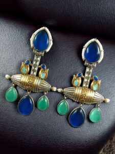 Designer Two-Tone Dangler Earrings | Monalisa Stone Lightweight Long Pearl Work Beautiful Jewelry - color: "Blue-Mint"
