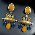 Bulk 30 Designer Two-Tone Dangler Earrings | Monalisa Stone Lightweight Long Pearl Work Beautiful Jewelry - "Yellow-Blue"