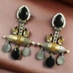 Bulk 32 Designer Two-Tone Dangler Earrings | Monalisa Stone Lightweight Long Pearl Work Beautiful Jewelry - "Black-Grey"