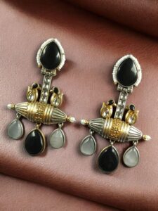 Designer Two-Tone Dangler Earrings | Monalisa Stone Lightweight Long Pearl Work Beautiful Jewelry - color: "Black-Grey"