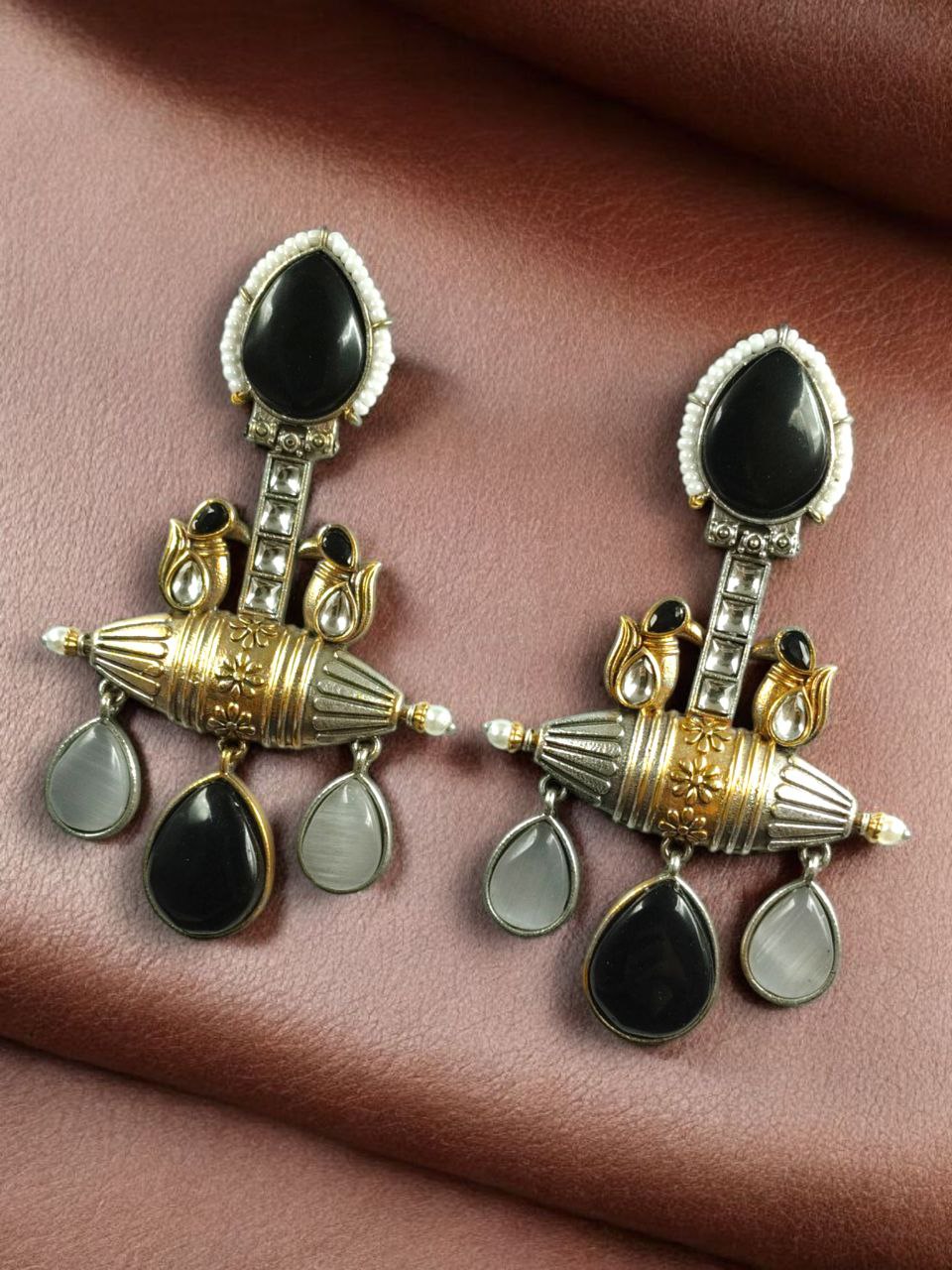 Designer Two-Tone Dangler Earrings | Monalisa Stone Lightweight Long Pearl Work Beautiful Jewelry 5 Designer two-tone dangler earrings with Monalisa stone and pearl work.
