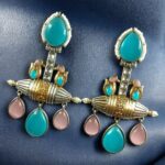 Bulk 34 Designer Two-Tone Dangler Earrings | Monalisa Stone Lightweight Long Pearl Work Beautiful Jewelry - "Aqua-Baby Pink"