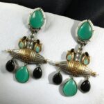 Bulk 36 Designer Two-Tone Dangler Earrings | Monalisa Stone Lightweight Long Pearl Work Beautiful Jewelry - "Mint-Black"