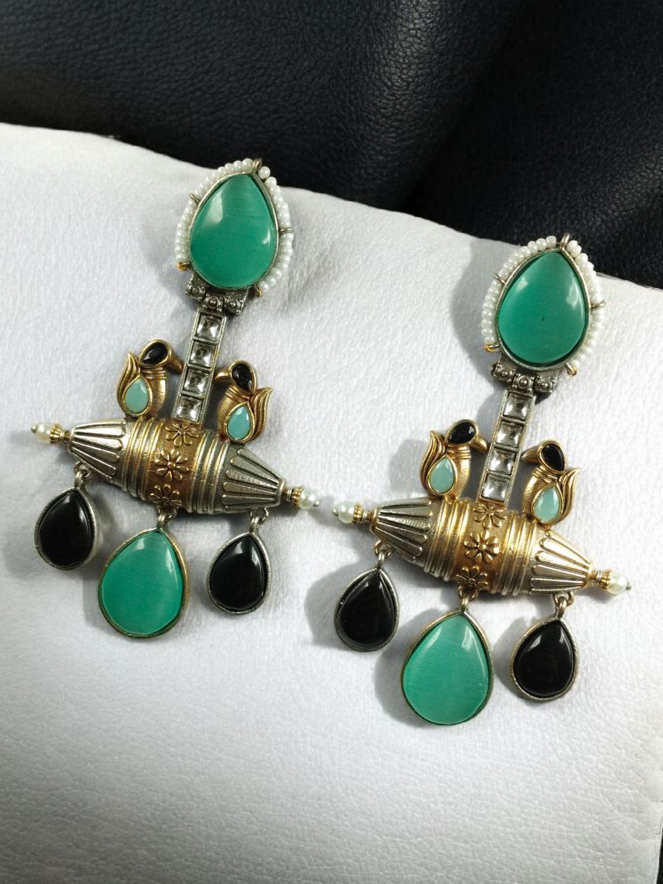 Designer Two-Tone Dangler Earrings | Monalisa Stone Lightweight Long Pearl Work Beautiful Jewelry 3 Designer two-tone dangler earrings with Monalisa stone and pearl work.