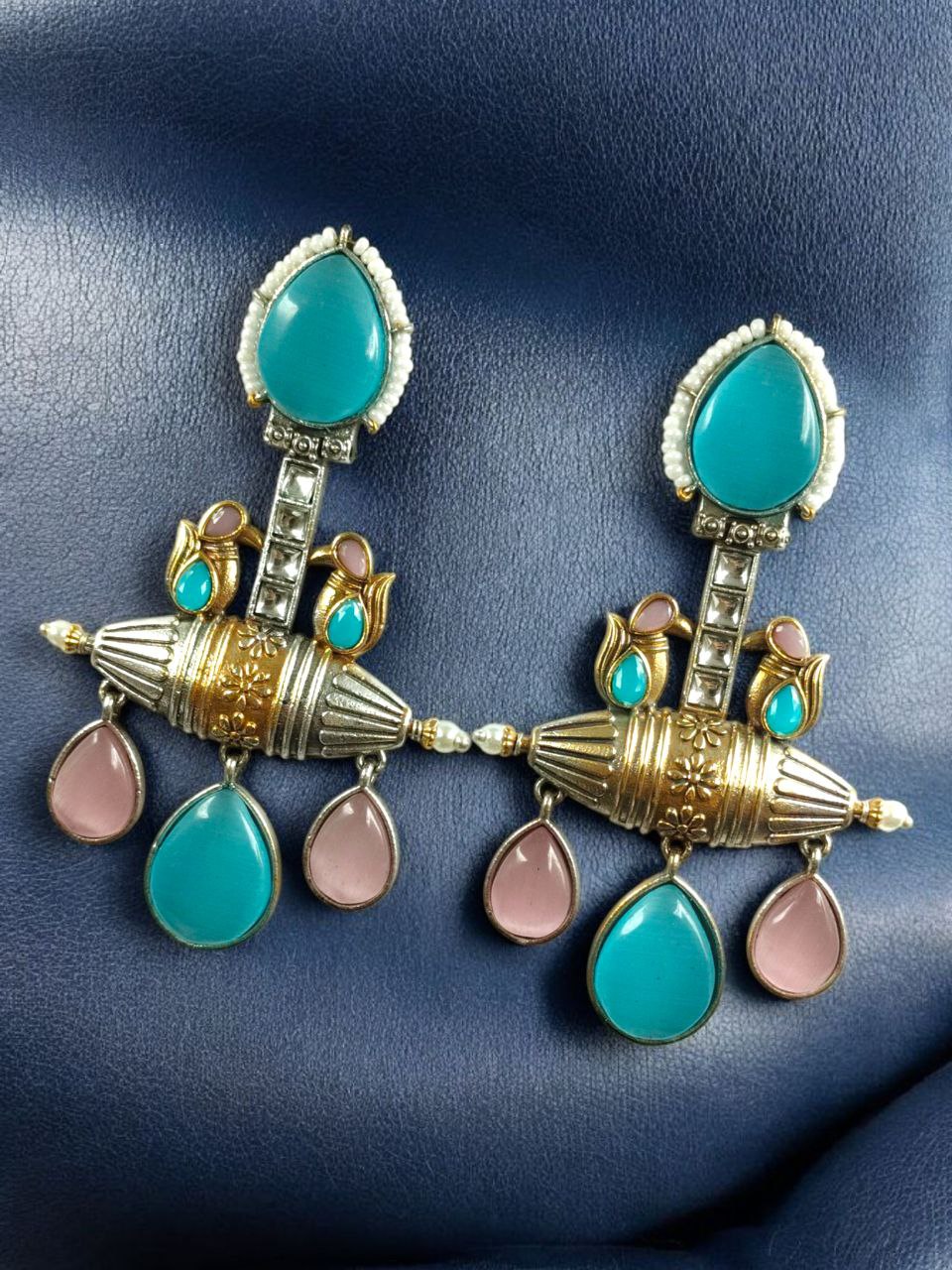 Designer Two-Tone Dangler Earrings | Monalisa Stone Lightweight Long Pearl Work Beautiful Jewelry 4 Designer two-tone dangler earrings with Monalisa stone and pearl work.