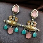 Bulk 38 Designer Two-Tone Dangler Earrings | Monalisa Stone Lightweight Long Pearl Work Beautiful Jewelry - "Baby Pink-Aqua"