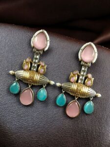 Designer Two-Tone Dangler Earrings | Monalisa Stone Lightweight Long Pearl Work Beautiful Jewelry - color: "Baby Pink-Aqua"