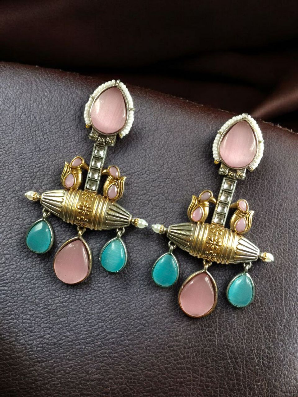 Designer Two-Tone Dangler Earrings | Monalisa Stone Lightweight Long Pearl Work Beautiful Jewelry 2 Designer two-tone dangler earrings with Monalisa stone and pearl work.