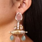Designer Two-Tone Dangler Earrings | Monalisa Stone Lightweight Long Pearl Work Beautiful Jewelry