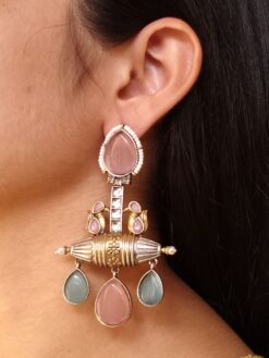 Designer two-tone dangler earrings with Monalisa stone and pearl work.